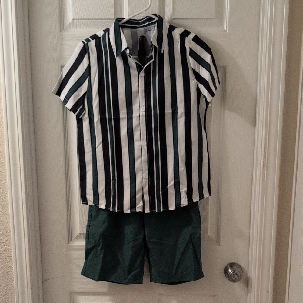 Striped Black and Dark Green Button Down Shirt With Matching Shorts